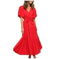 thumbnail image 1 of Robes pour Femmes 2024 Été Surdimensionnée Décontractée Couleur Unie Col en V Lacée Manches Évasées Robe à Empiècements 50 % de Rabais!, 1 of 6