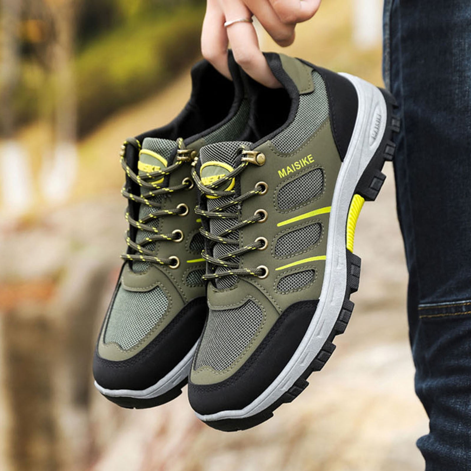 Mens Hiking Sneakers Lightweight Breathable Non Slip Outdoor Trail Shoes Quick Lace Army Green,Size 7