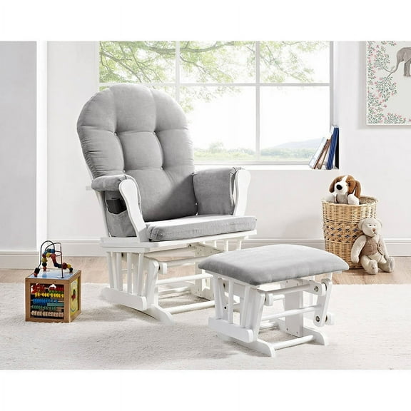 Angel Line Windsor Glider and Ottoman, White Finish with Gray Cushions