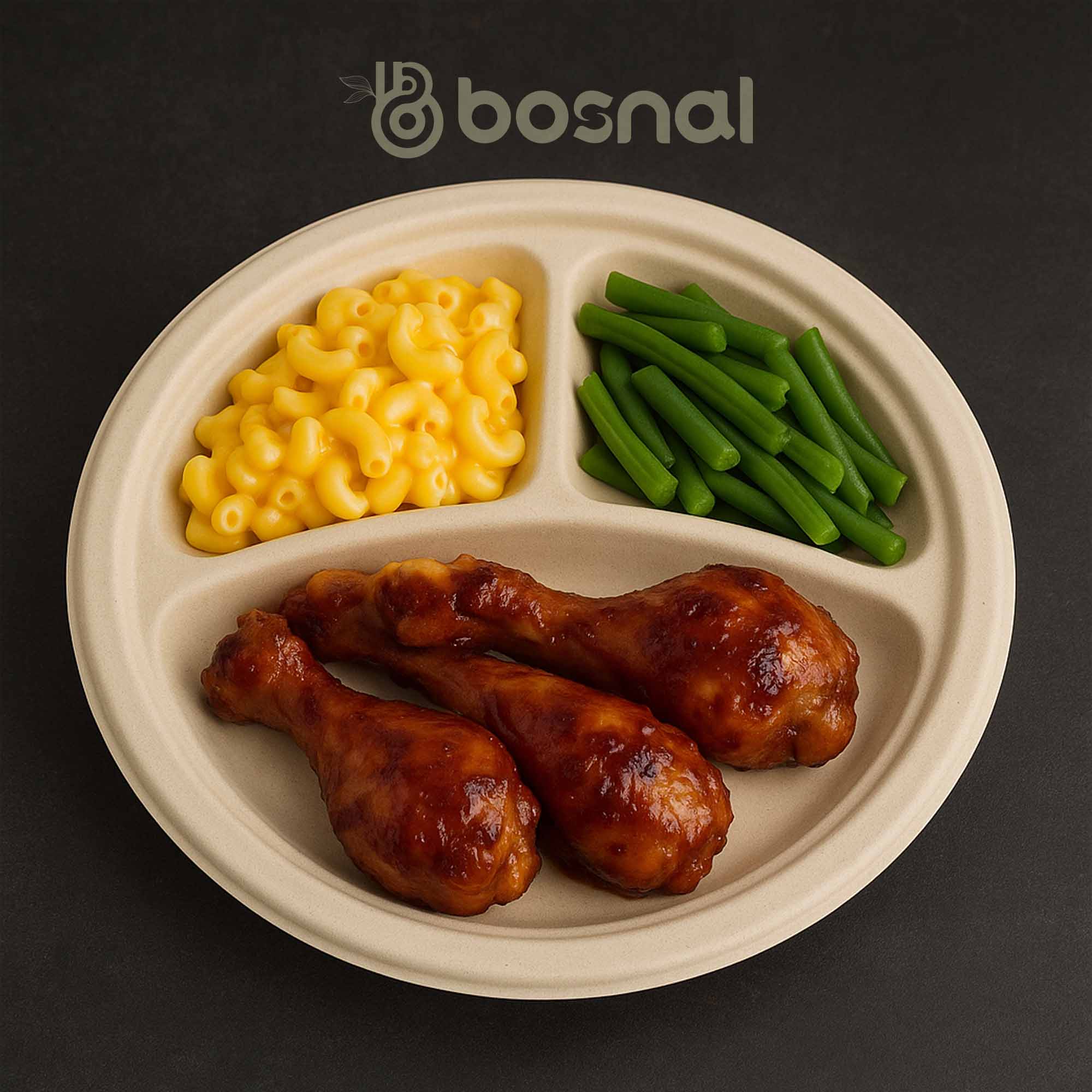 BOSNAL 10 Inch Round 3-Compartment Bagasse Plates (100 Pack) – Compostable, Biodegradable & Eco-Friendly Disposable Plates for Parties, Catering & Meals