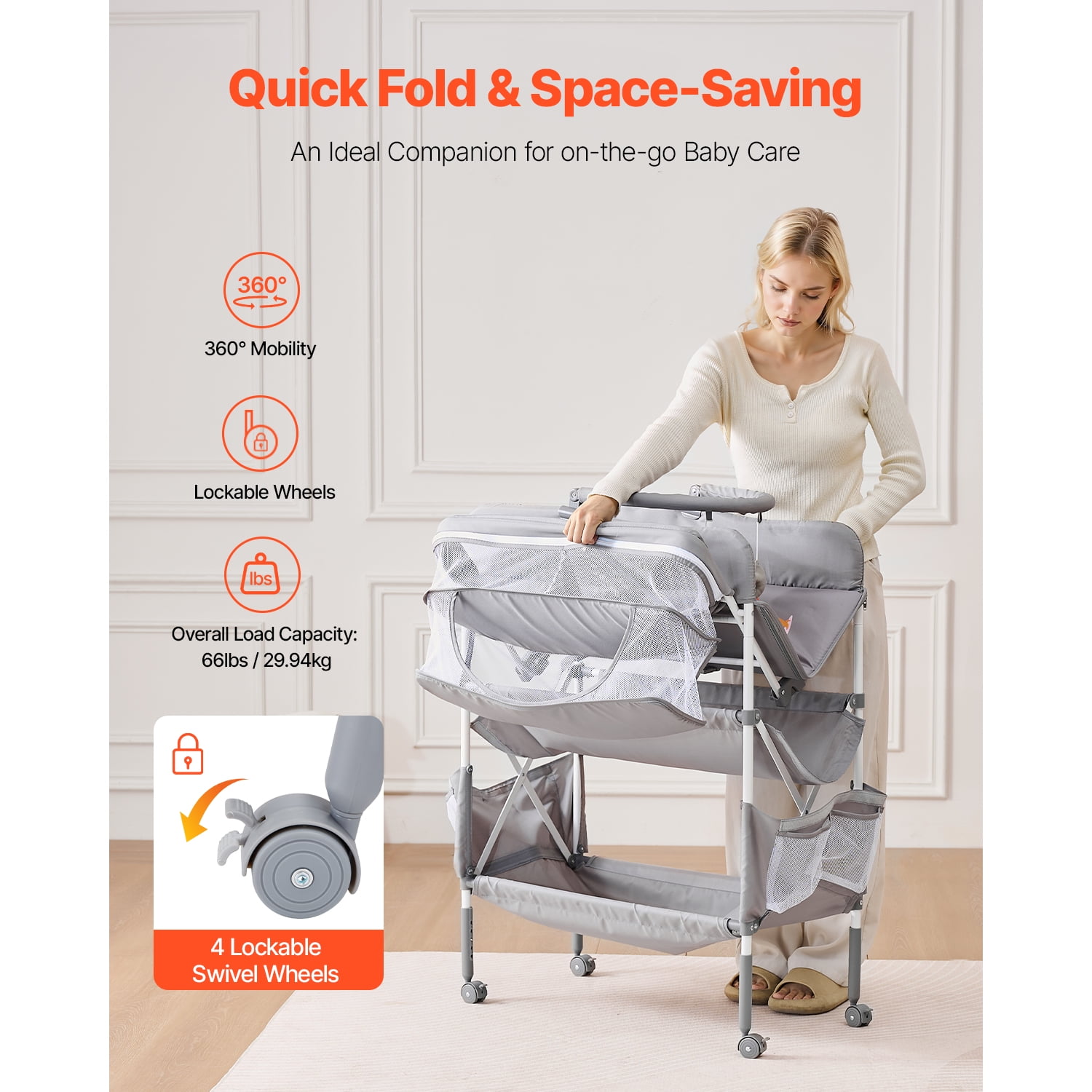 KFFKFF Foldable Baby Diaper Changing Tables 30.00 x 29.53 x (39.57–42.52) in Light Gray