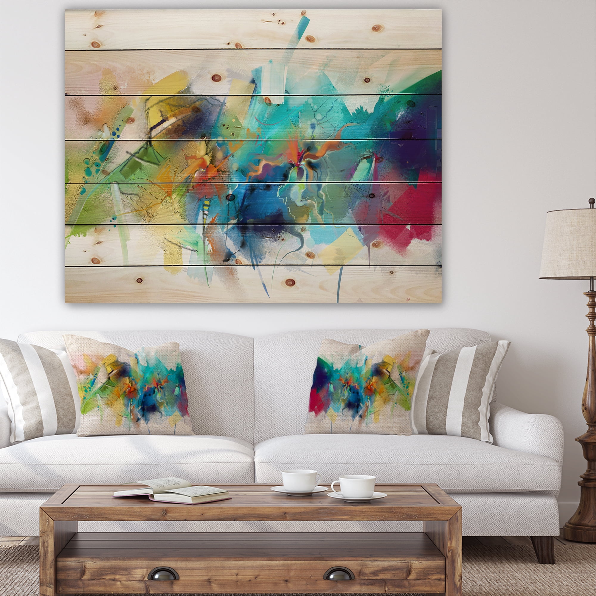 Designart 'Brush Stroke Colorful Oil Painting' Contemporary Painting Print on Natural Pine Wood