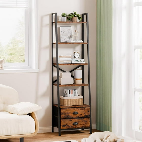 Ladder Shelf with Drawers, Narrow Bookshelf Storage Shelves, Industrial Bookcase Freestanding Rack Units for Bedroom, Living Room, Bathroom, Home Office, Balcony, Wood Metal, Rustic Brown