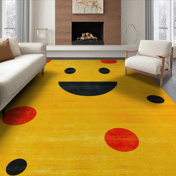 ODIKA 8'x10' Washable Area Rug Yellow Retro Funky Abstract Face Mid Century Composition with Playful Dots for Living Room, Under Sectional, Family , Durable, Non-Slip