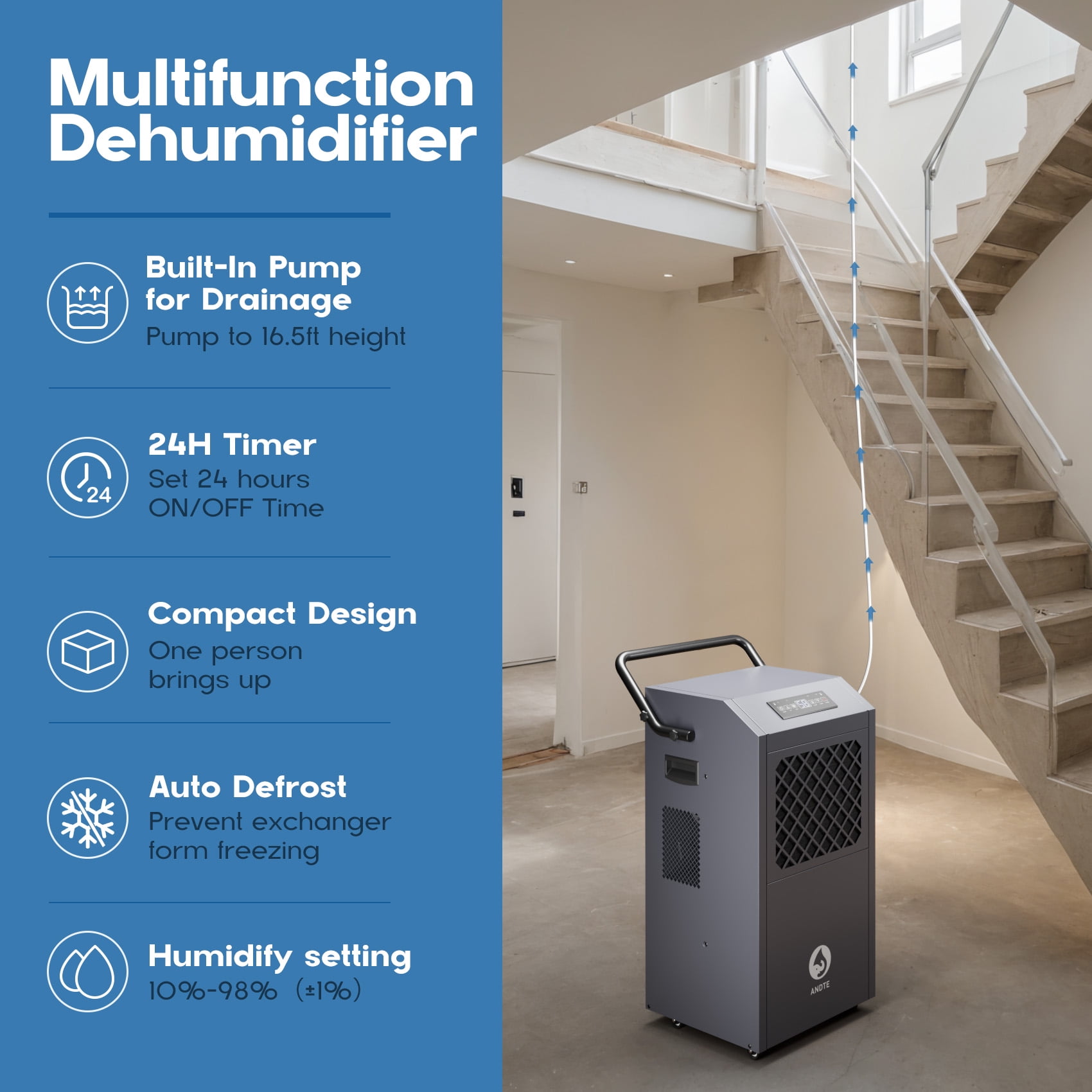 ANDTE 190 Pints Commercial Dehumidifier with Pump, Covers up to 3,600 sq. ft, Industrial Dehumidifier for Basements and Job Sites