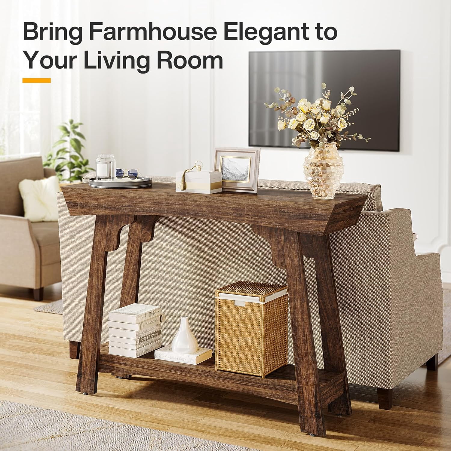 Tribesigns 41.3” Console Table, 2-Tier Narrow Entryway Table with Storage Shelf, Farmhouse Wood Sofa Table for Foyer, Hallway, Living Room, Rustic Brown