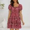 thumbnail image 2 of WTXUE Plus Robes Taille, Robe Trapèze à Manches Courtes Vestidos Casuales Para Mujer Col Ras du Cou, Robe d'Été à Manches Trapèze Robe Plissée Robe d'Été Florale Mi-Longue pour Femme Grande Taille, Rouge Taille P, 2 of 9
