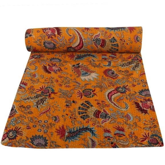 Vinsan International Handmade Kantha Quilts Cottage Throw Blanket Ikat Print Bohemian Bed Cover Yellow Color King size 108"x 108"