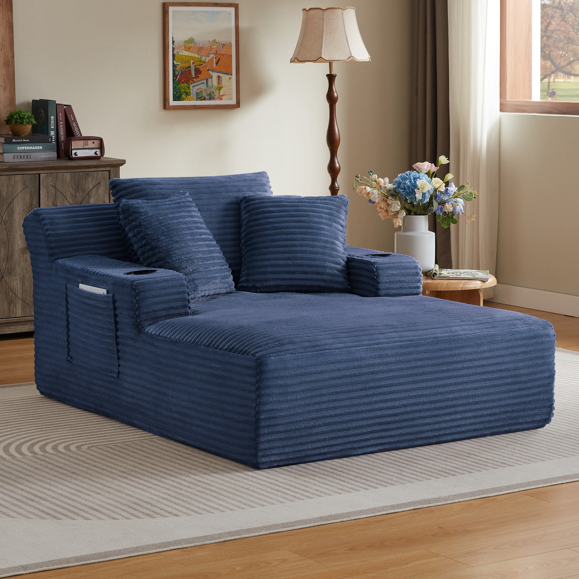 BSHTI 66.1" Corduroy Oversized Chaise Lounge Chair with Cup Holder, Side Pockets and Boneless Design for Living Room（Blue）
