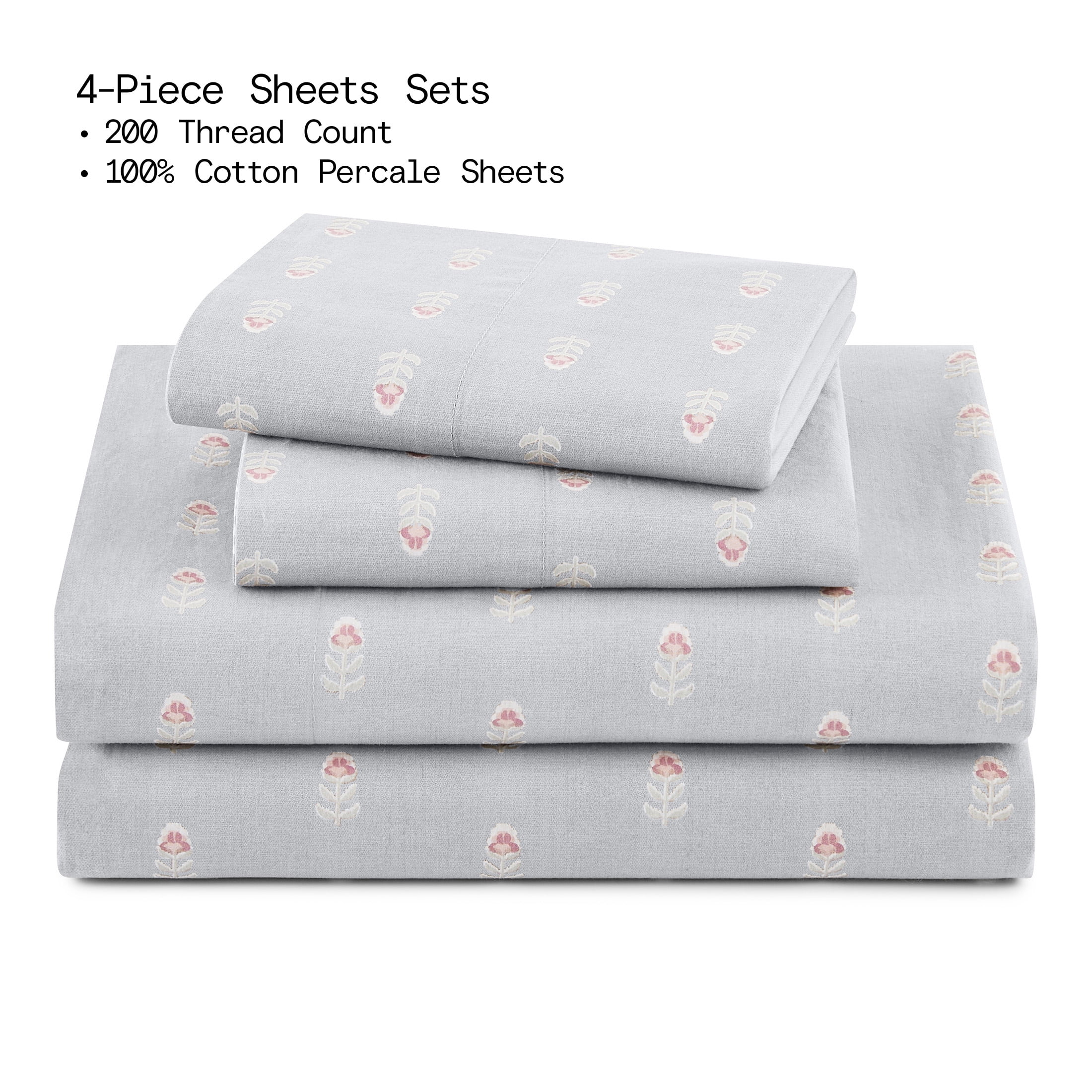 Beautiful Signature Floral 4-Piece 100% Cotton Percale Dawn Blue Sheet Set, Queen by Drew Barrymore