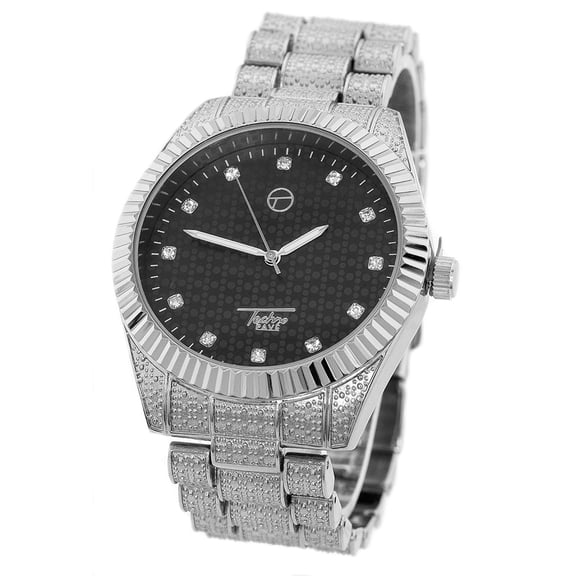 Men’s Silver Tone CZ Business Clubbing Watch – 44mm Case, Black Dial, Textured Bracelet