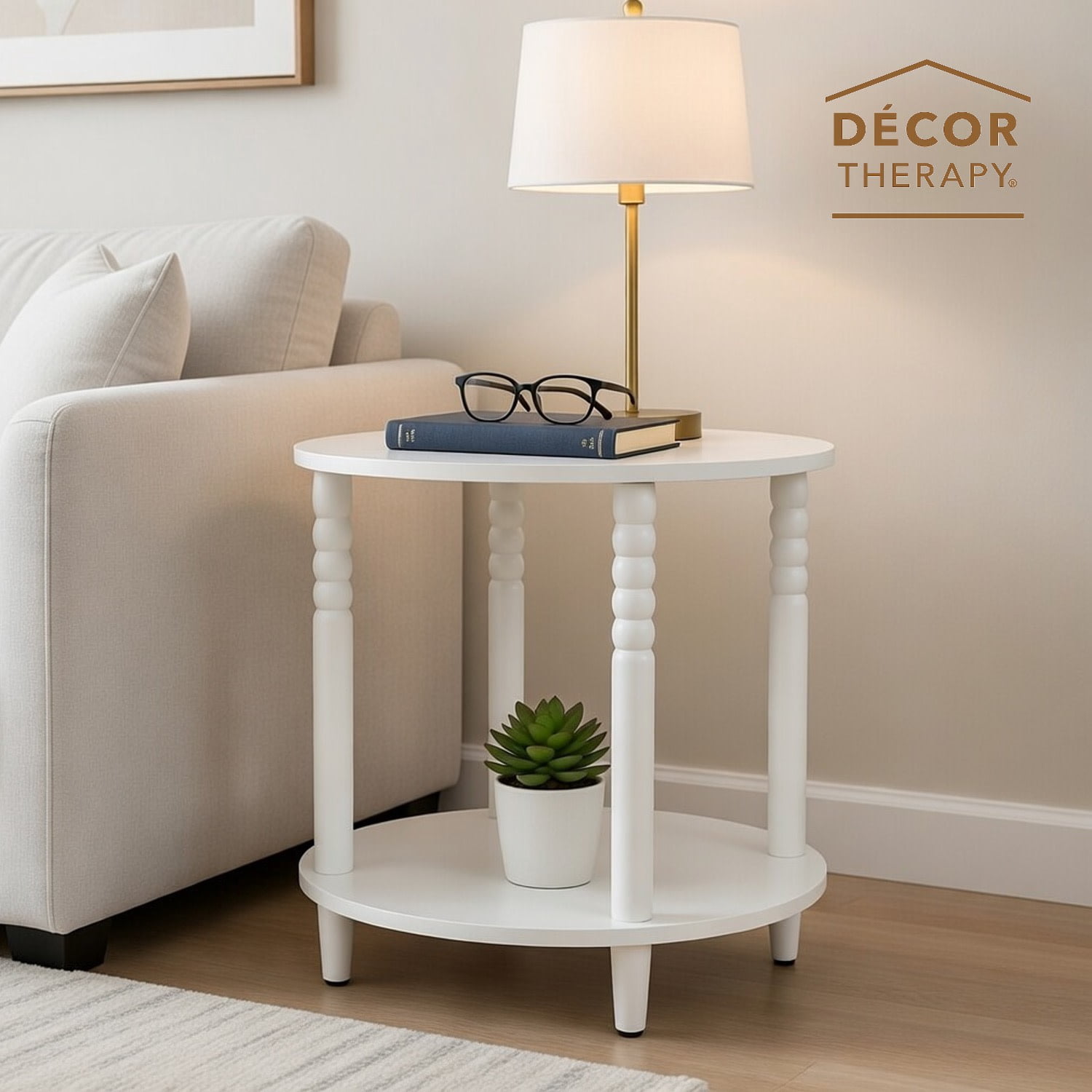 Decor Therapy Stafford Round Side Table, Two-Tier Modern End Table with Spindle Legs, Easy Assembly, White