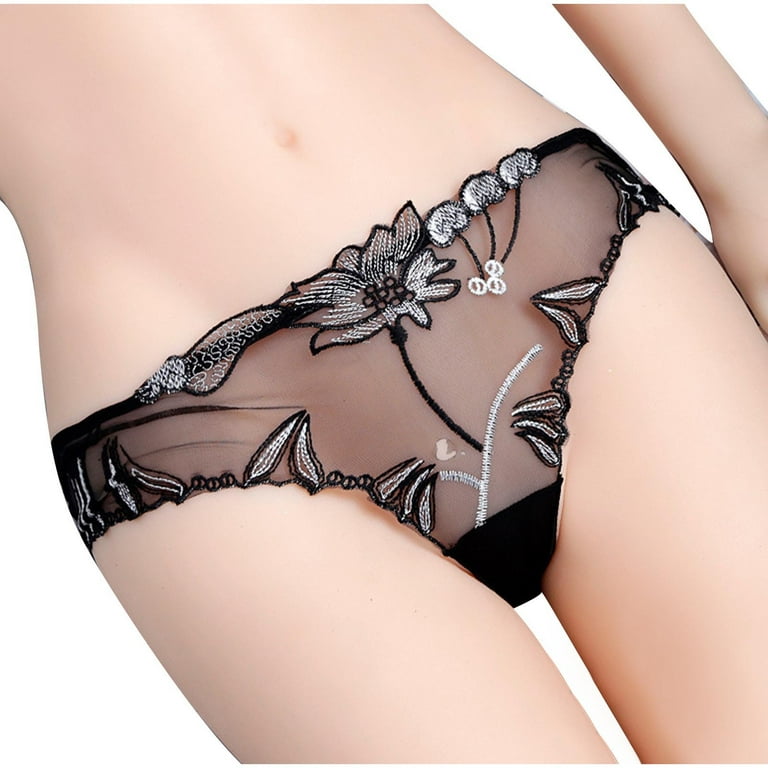 YYDGH Sheer Mesh Panties for Women Floral Lace Embroidered Underwear Briefs  See Through Thongs G-string Underpants Black M