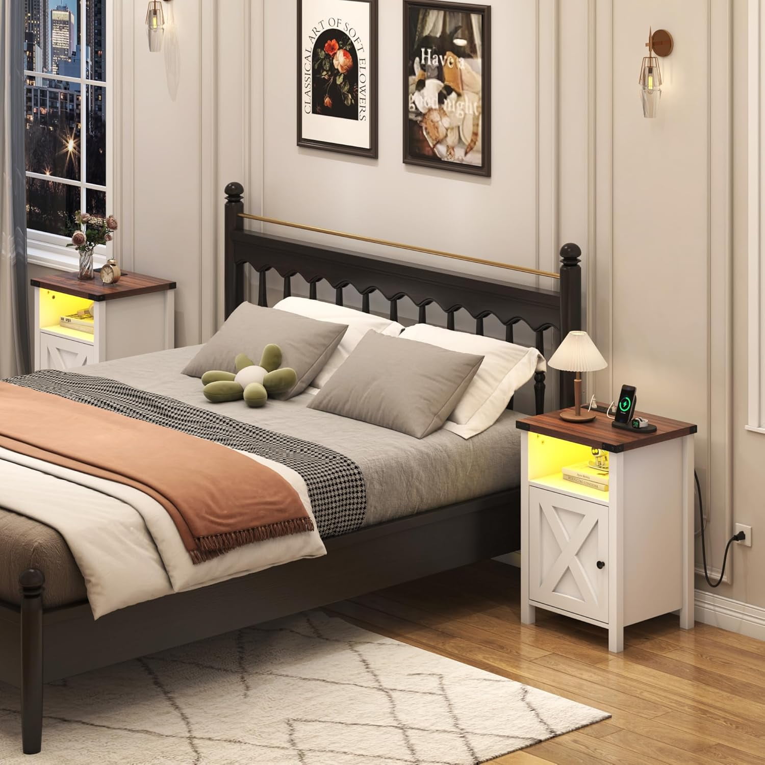 ChVans Set of 2 Farmhouse Nightstand with LED Lights & Charging Station for Bedroom, Rustic End Table with Barn Door & Storage Shelf, White