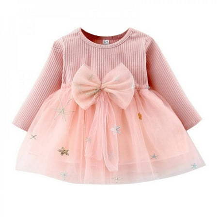 

Bullpiano Baby Girls Fashion Big Bow Dress Solid color big bow Long Sleeve Kids Clothing Kids Mesh Dresses for Girls Clothes