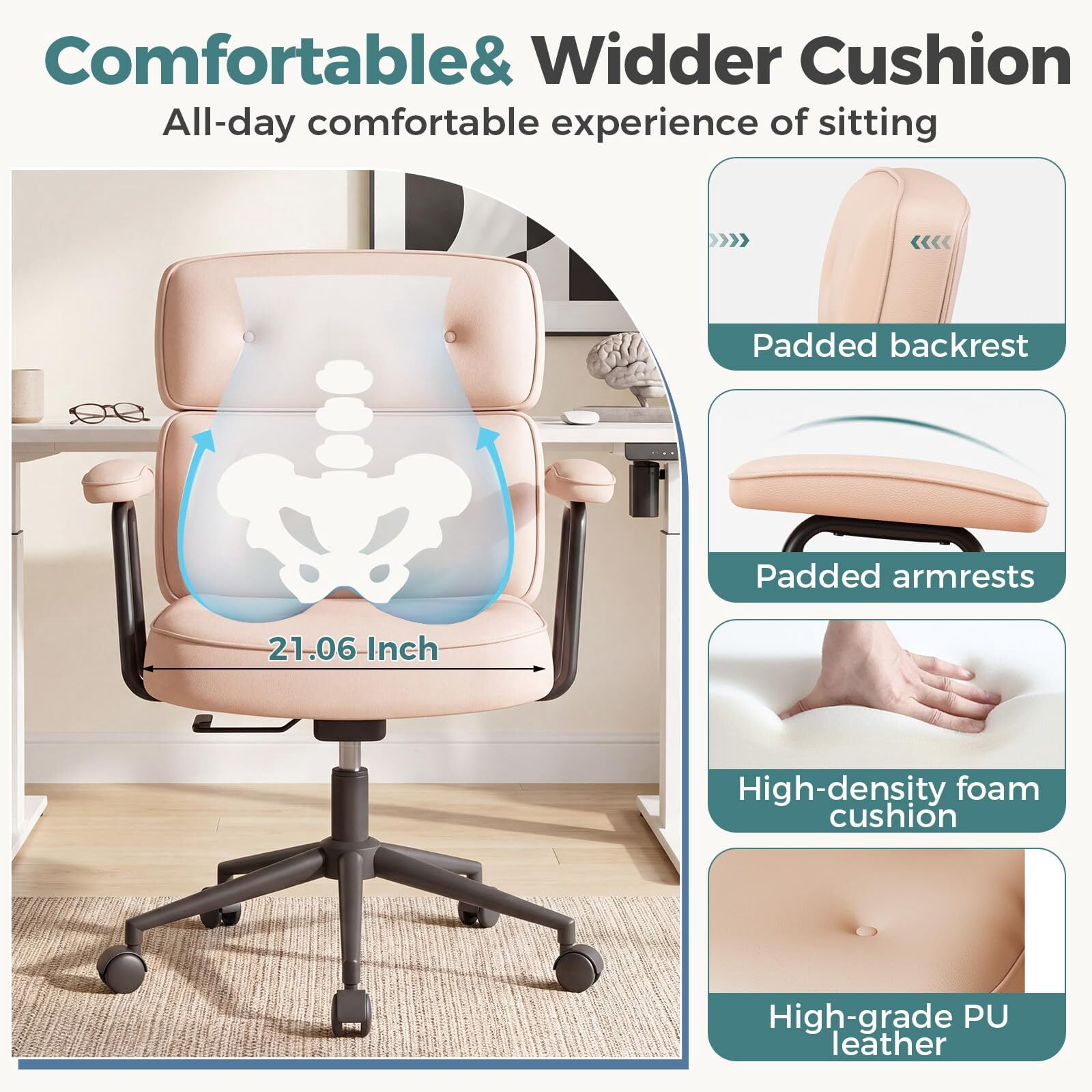 Kelno Ergonomic PU Leather Office Chair 350lbs Capacity High Back Computer Chair with Lumbar Support Adjustable Rolling Swivel Task Chair, Pink