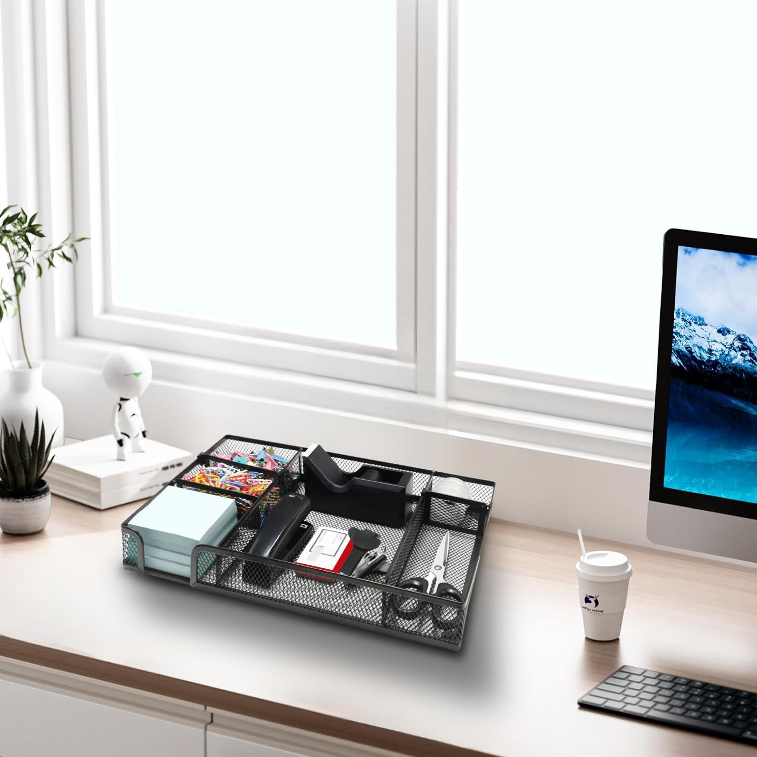 Black Office Desk Accessories  Supplies Set Drawer Organizer Stapler And Tape Dispenser Staple Remover Staples Paper Clips Scissor Sticky Note