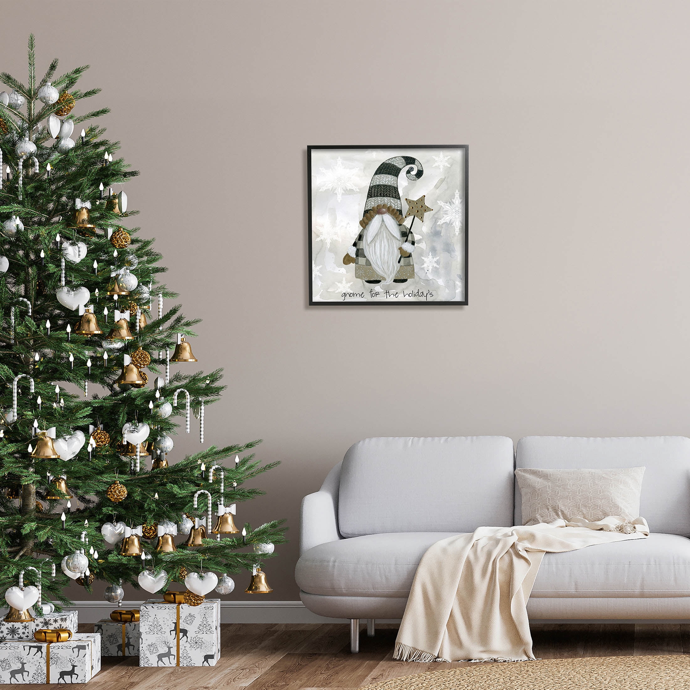 Stupell Industries Gnome For Holidays Snowflakes Graphic Art Black Framed Art Print Wall Art, Design by Livi Finn
