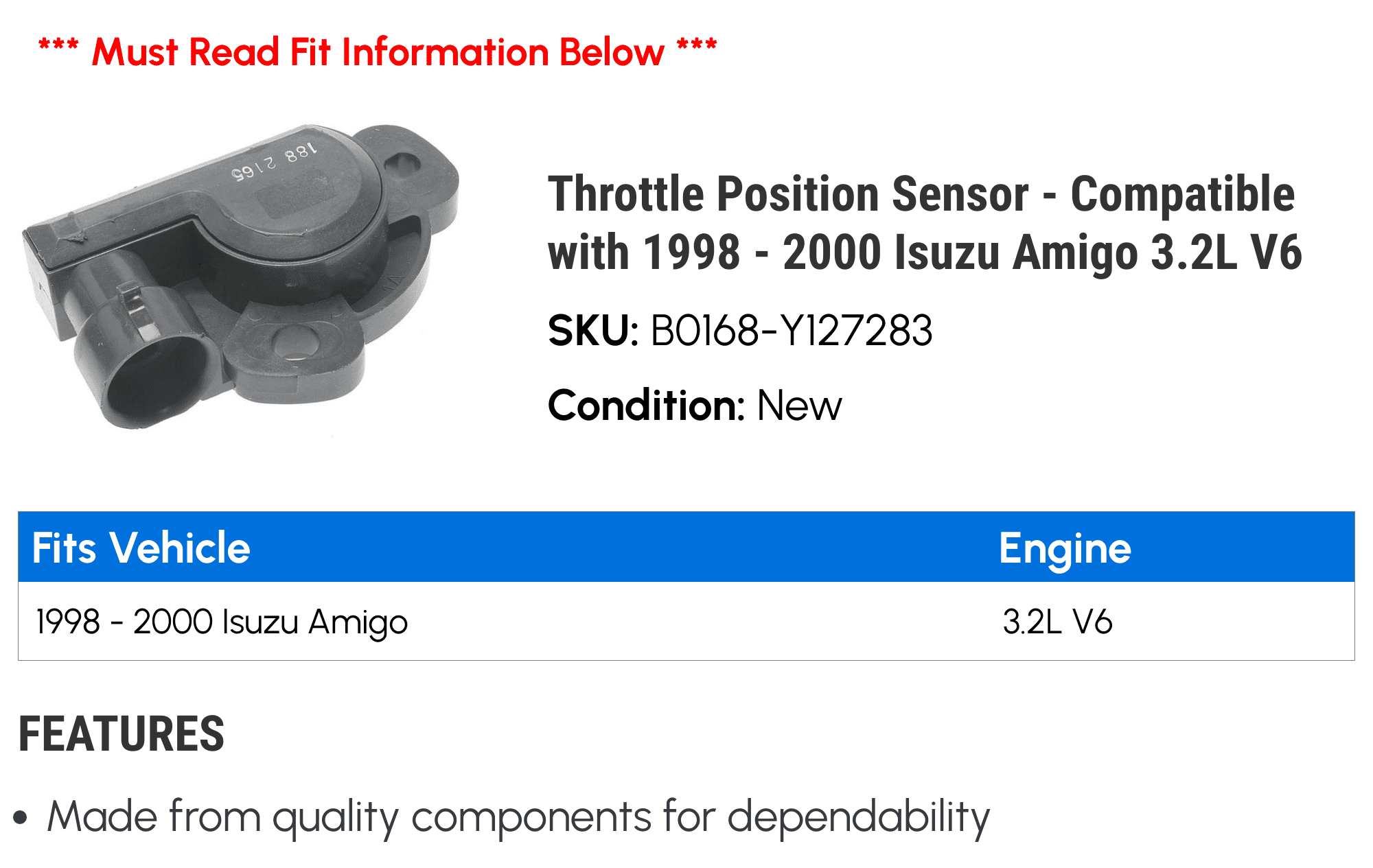 Throttle Position Sensor - Compatible with 1998 - 2000 Isuzu Amigo 3.2L V6 1999