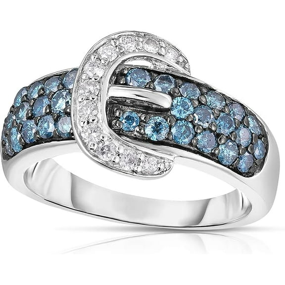 Rag Jewels 2.00 Ctw Round Cut Blue And White Diamond Wedding Anniversary Belt Buckle Band Ring 14K White Gold Plated 925 Sterling Silver 925 Sterling Silver - 9