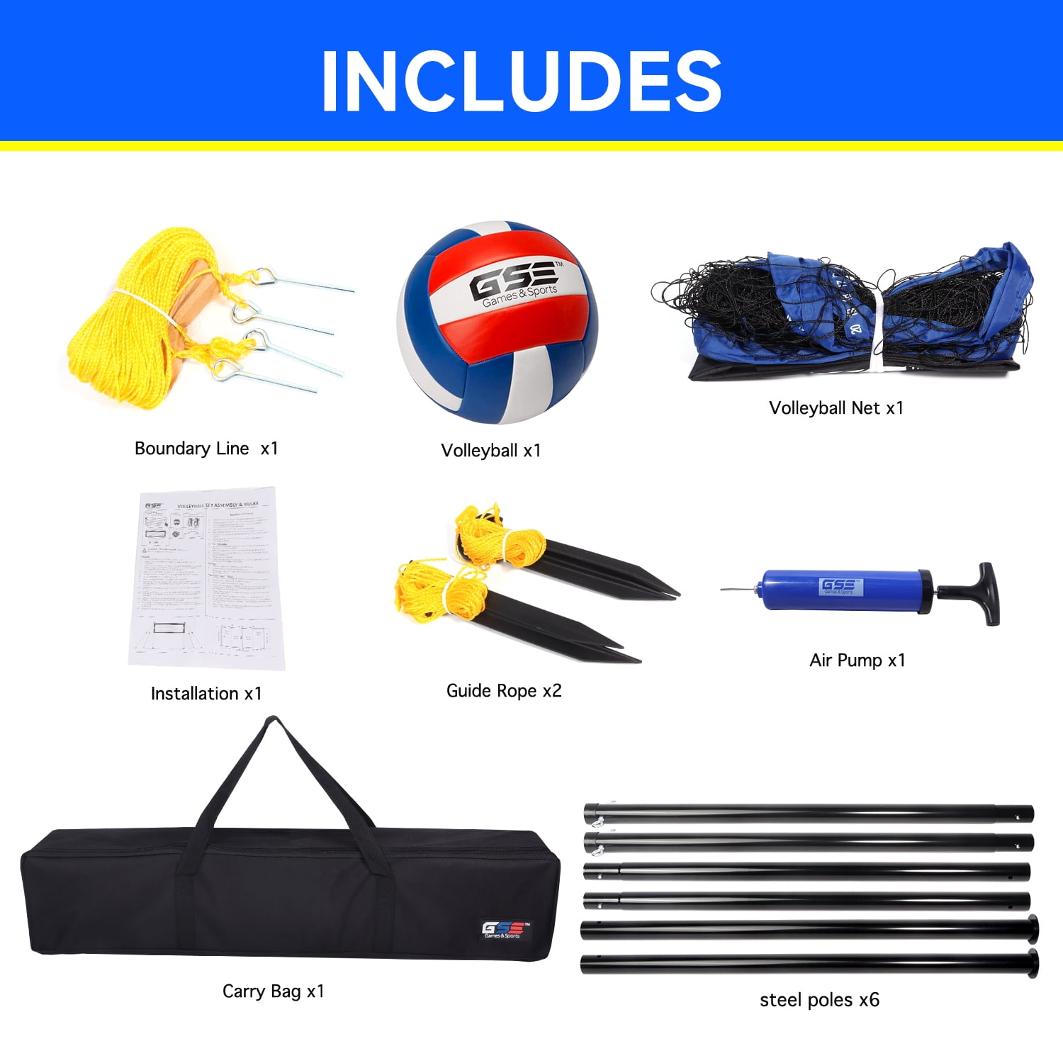 GSE Games & Sports Expert Recreational Portable Volleyball Complete Net Set. Including Volleyball Net System with Volleyball, Pump, and Carrying Bag for Outdoor Park, Backyard Lawn, Beach