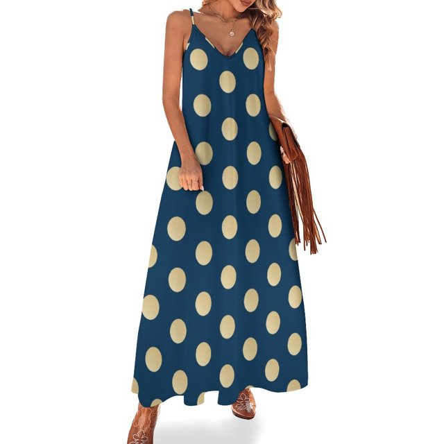 Nuevo vestido de ceremonia sin mangas con lunares azules y dorados Vestido de mujer Vestido de manga larga