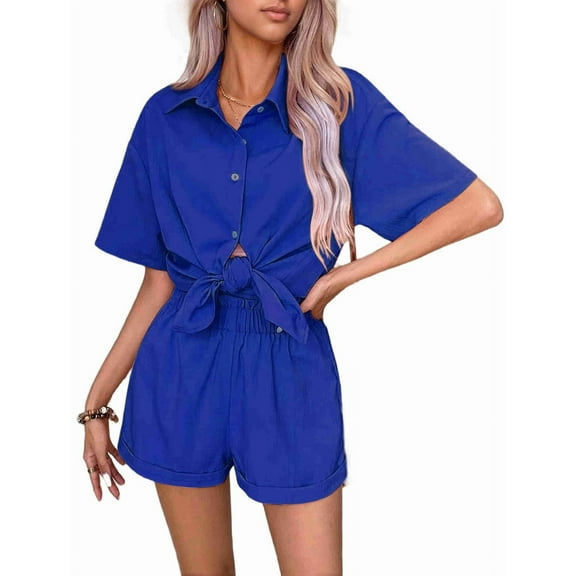 Mawalde APAFES Women Summer Cotton Linen Short Sets 2 Piece Shorts Top Lounge Beach Vacation Two Piece Outfits Tracksuits Royal Blue S
