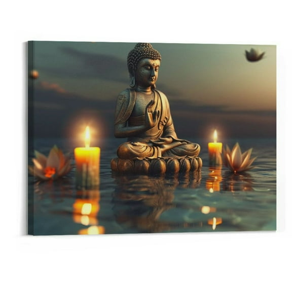 BCIIG  Buddha Canvas Wall Art Buddha Statue Painting Lotus Flowers Pictures Prints Zen Spa Artwork for Buddhism Prayer Wall Decor (20x16in)
