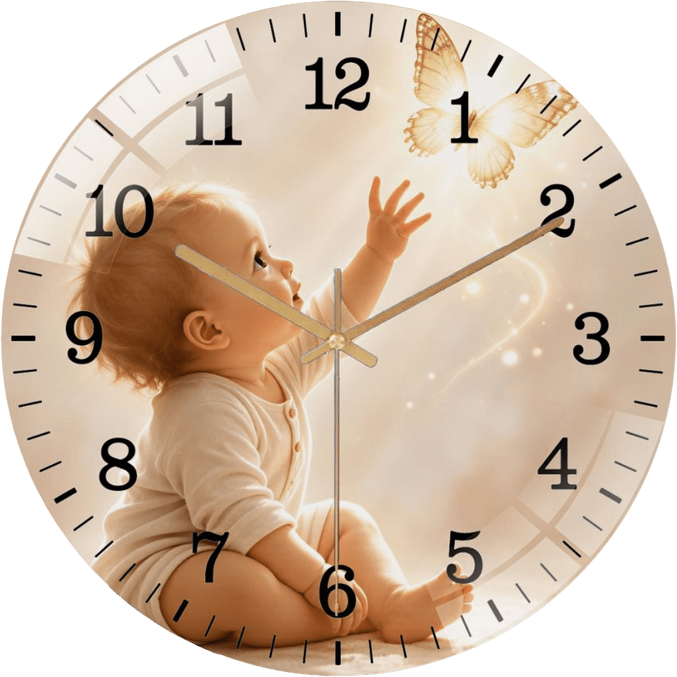 12 Inch Neutral Baby And Golden Butterfly Glass Wall Clock for Wall Decor , Office Room, Living Room, Birthday Gift Style 12×12inch(30×30cm)