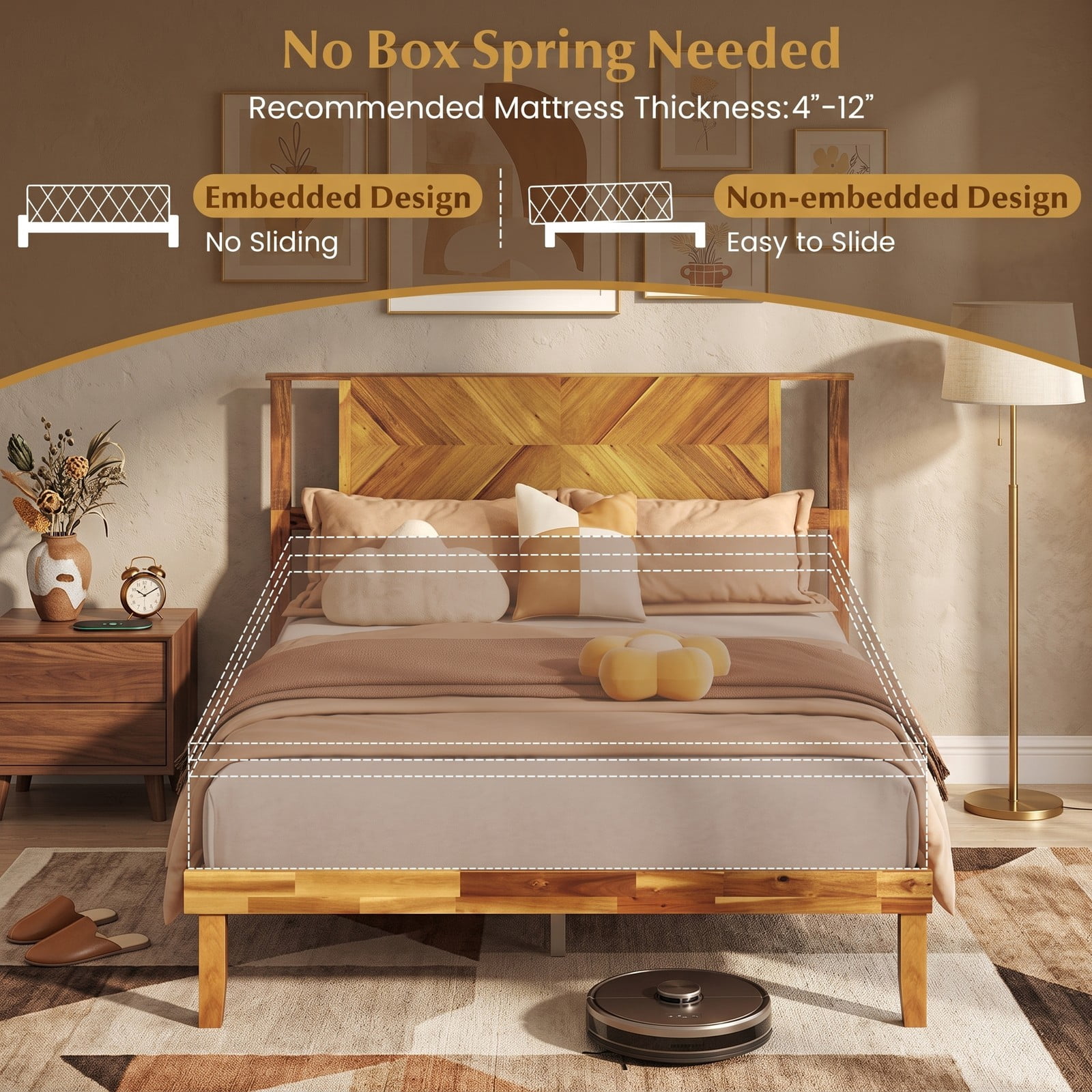 Furnibear Queen Bed Frame Acacia Wood Platform Bed Frame with Mid-Century Headboard, Queen Bed Frame with Headboard No Box Spring, Rustic Golden Brown