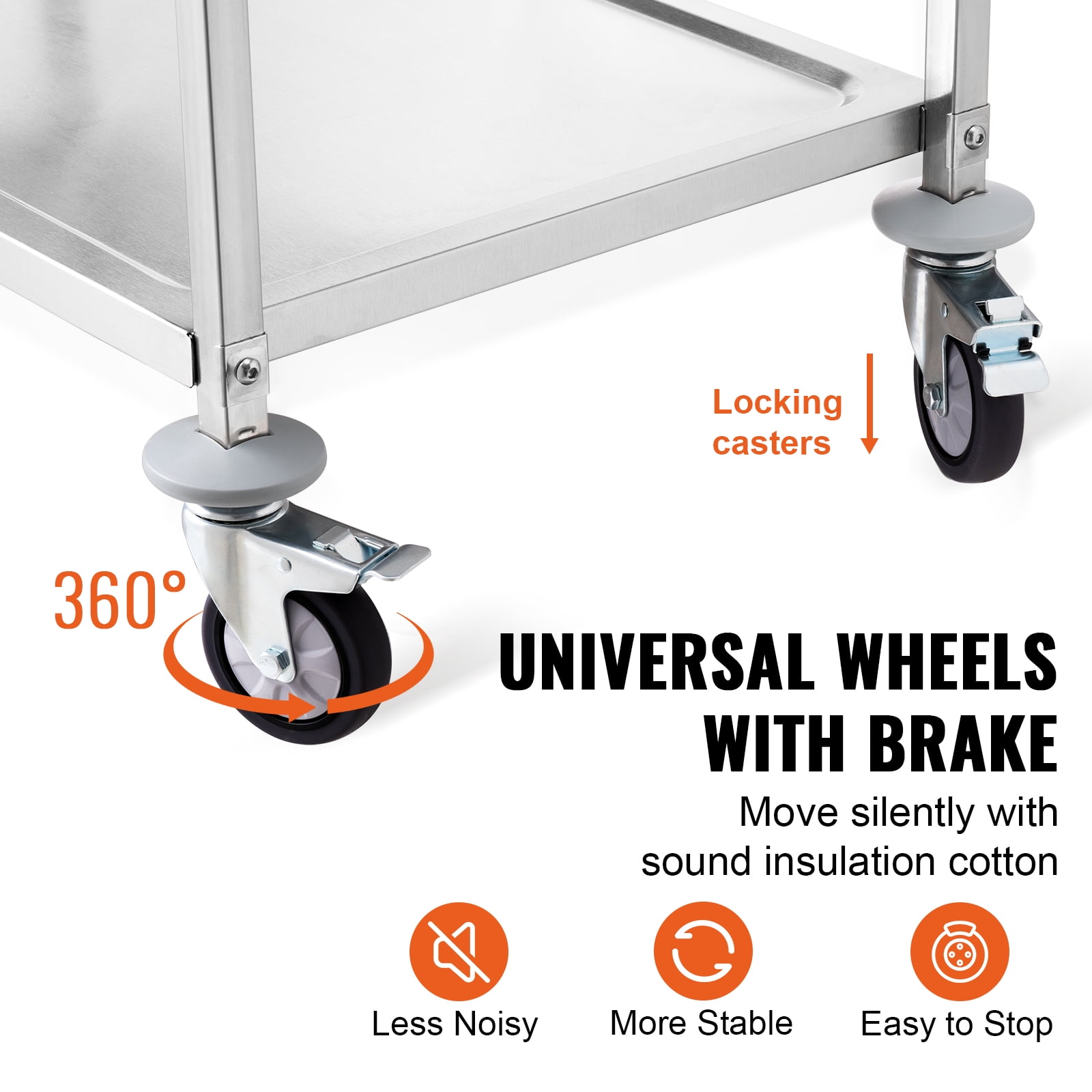 VEVOR Kitchen Utility Cart,3 Tiers, Wire Rolling Cart with 450LBS Capacity, Steel Service Cart on Wheels, Metal Storage Trolley with 80mm Basket Curved Handle PP Liner 6 Hooks, for Indoor and Outdoor