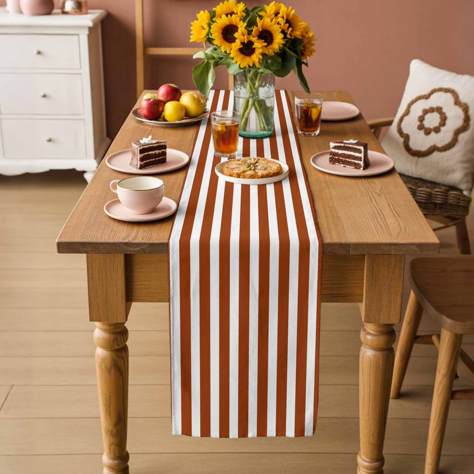 Burnt Orange Stripe Table Runner, Farmhouse Striped Abstract Art Washable Cotton Linen Table Runners 60 Inches Long, Dresser Scarf Runner for Coffee/TV Stands/Kitchen/Cabinets 13''x60''