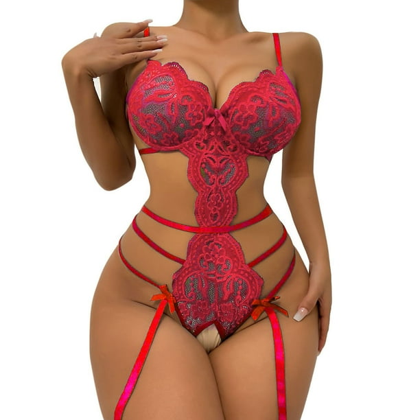 Gibobby Lenceria mujer sexy Mujeres Snap Lencería Sexy Body de encaje Deep V Teddy Lace Push UP Body(Rojo CH)