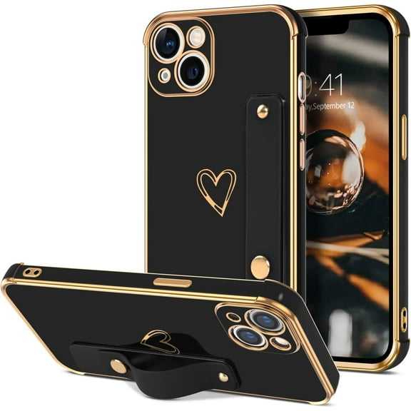 iPhone 13 Case, iPhone 13 Phone Case Love Heart Cute Case with Wristband Kickstand Holder Soft TPU Plating Bumper Protective Slim Shockproof iPhone 13 Case Cover for Girls Women, Black