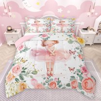 jejeloiu Ballerina Girl Bedding Comforter Set,Ballet Dancer Twin Comforter Sets,Pink Flowers Floral Bedding Set For Teens,Breathable Home Decor Reversible,2-Piece