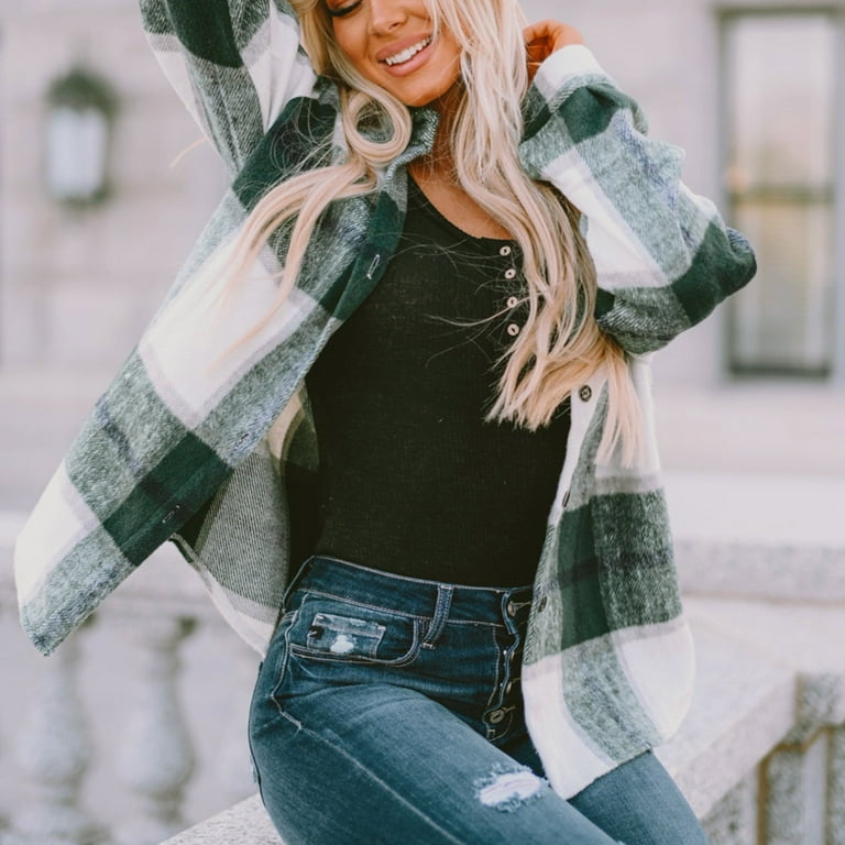 GYUJNB Spring Jackets for Women 2024 Women s Plaid Shirt Jacket Brushed Packable Rain Jacket Women Green