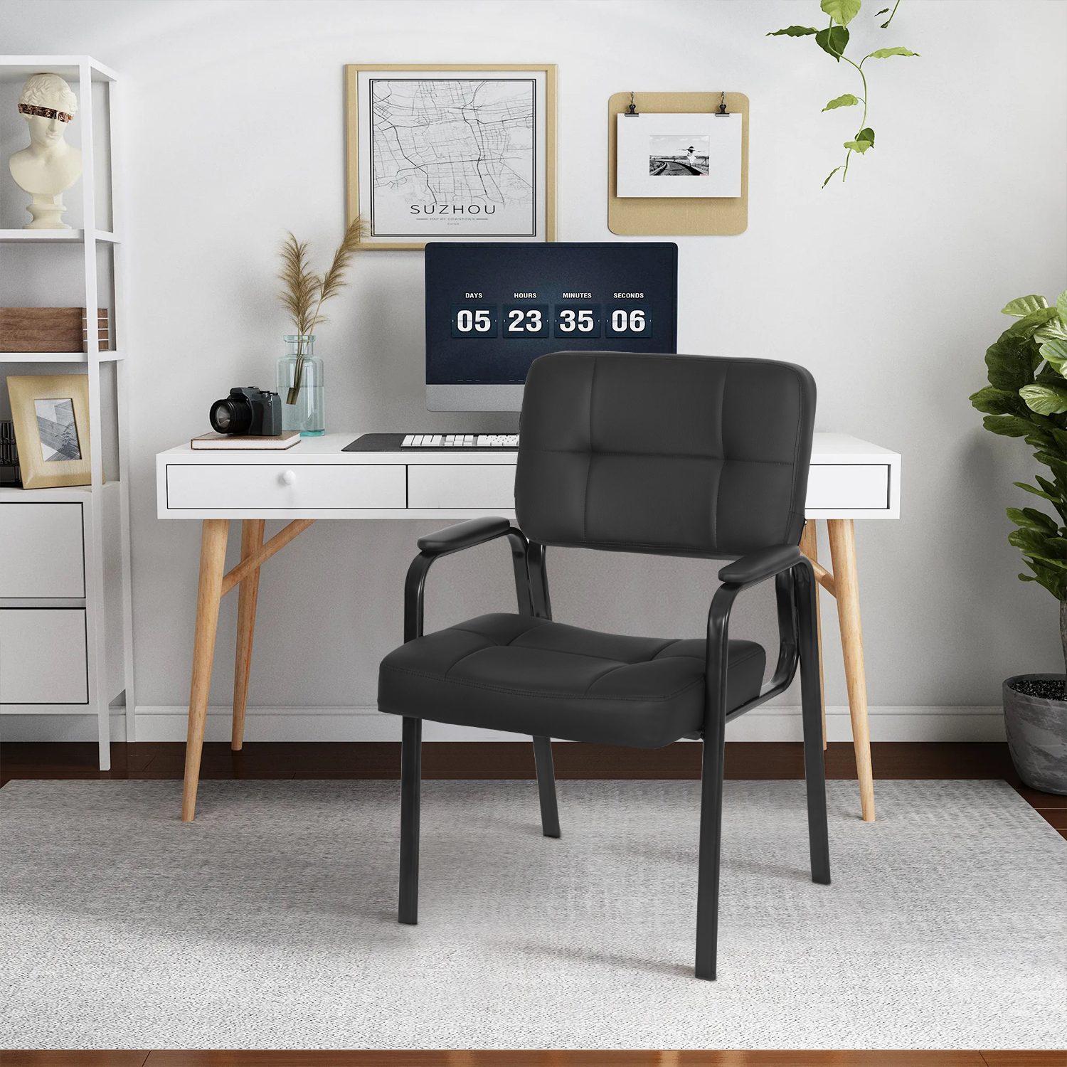 FDW Home Office Chair，Padded Armrest PU Leather for Waiting Room Chairs Lobby No Wheels, 2 Pack(Black)