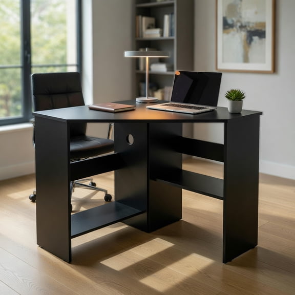 Resenkos Corner Computer Desk Triangle Writing Workstation with Storage Shelf-Black, Home Office Desks, Gaming Computer Desks for Study,Working,Writing