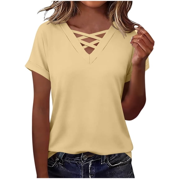 Guluxicc V Neck T Shirts for Women Short Sleeve Criss Cross Hollow Out Solid Color Tops Summer Casual Womens Shirts
