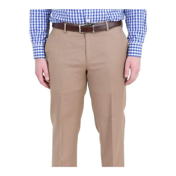 Mens Classic Fit Solid Tan Flat Front Wool Dress Pants