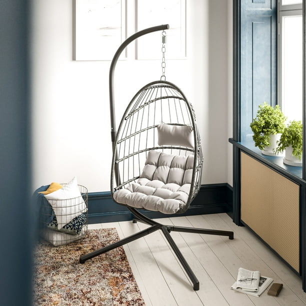 BizChair Patio Hanging Egg Chair, Wicker Hammock with Soft Seat