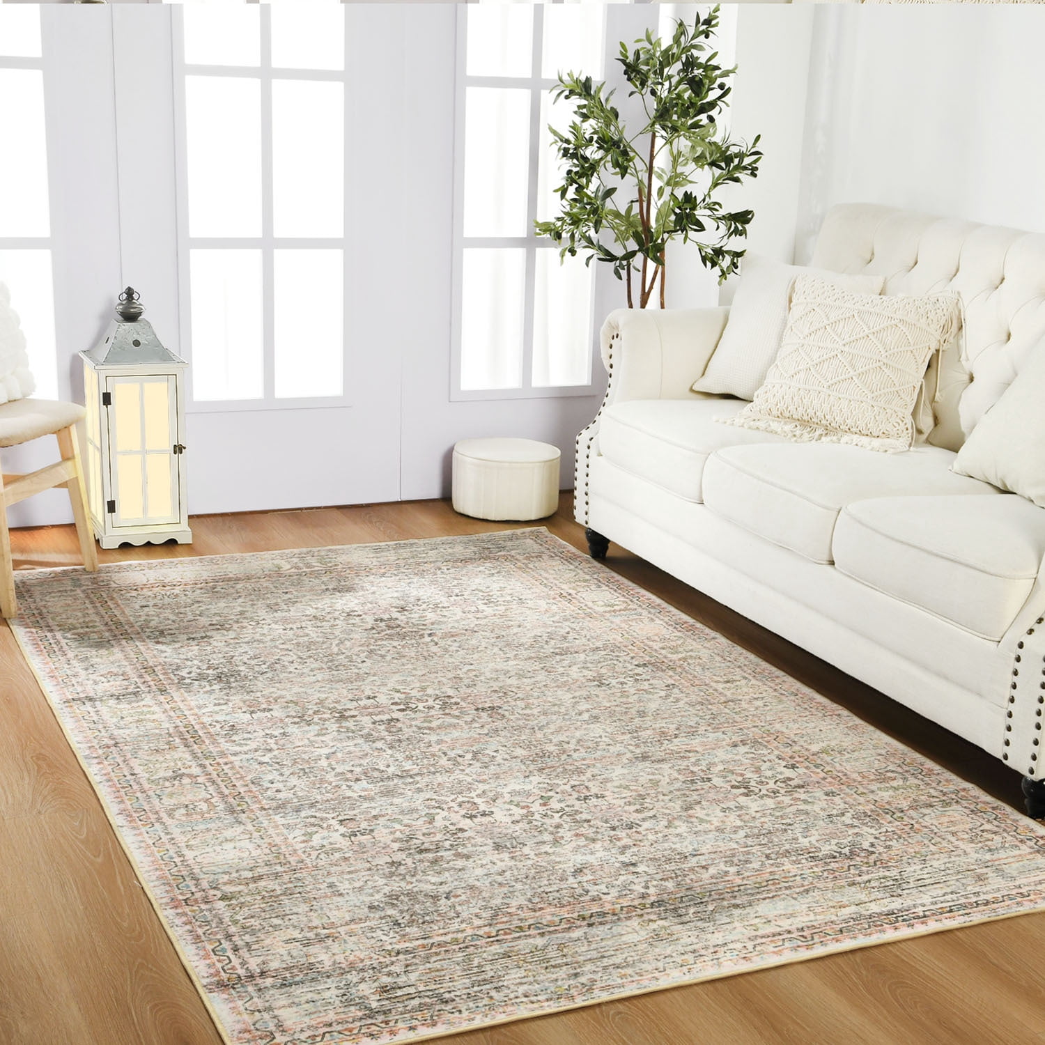 Wondo Floral Washable Rugs, 5x8 Area Rug for Living Room, Soft Large Boho Bedroom Rug, Botanical Non Slip Ultra Thin Floor Carpet for Dining Room Nursery Office, Light Yellow