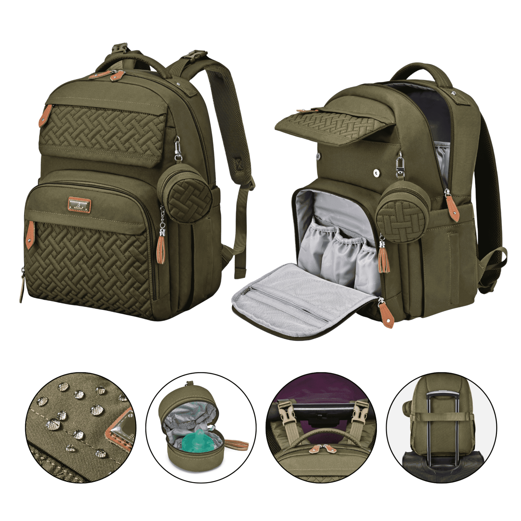 BabbleRoo Diaper Bag Backpack, Travel Backpack, Pacifier Case & Stroller Straps, Multifunction, Waterproof, Unisex – Army Green