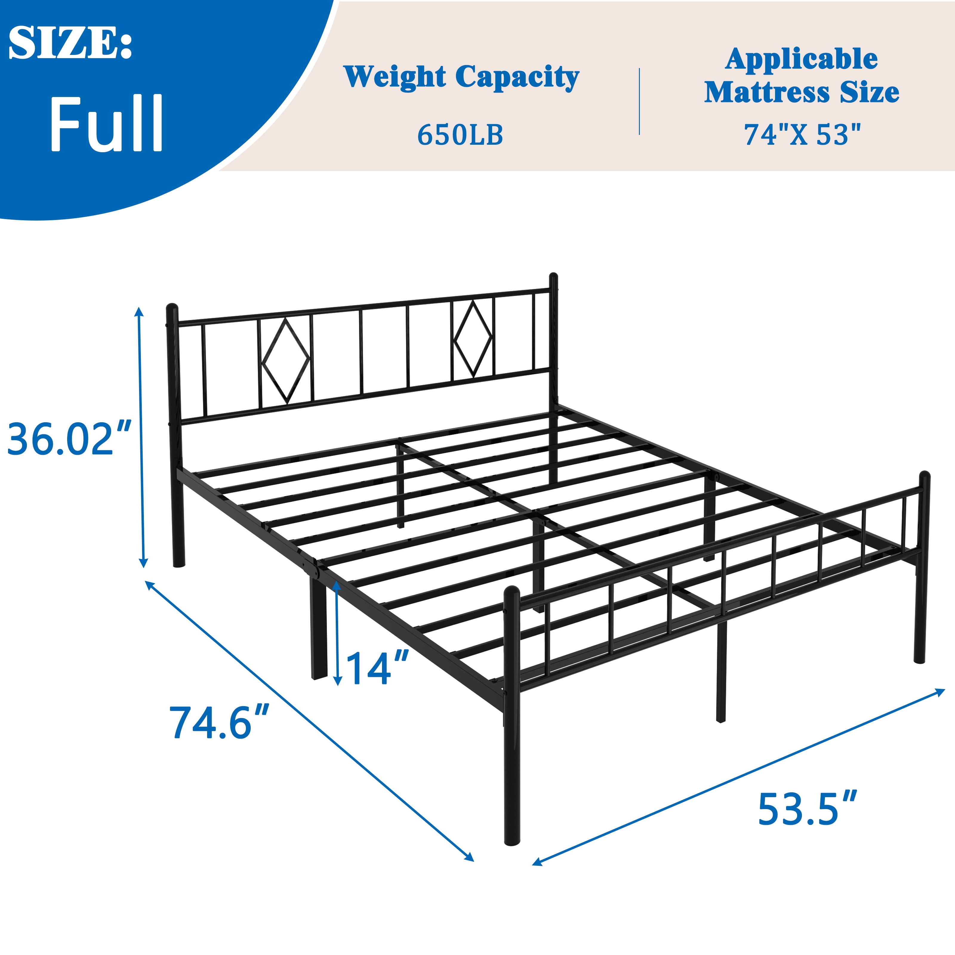 MAYEERTY 14"H Full Size Metal Platform Bed Frames with Iron-Art Headboard, Footboard, Under Bed Storage, No Box Spring Needed, Heavy Duty Metal Slat，Black