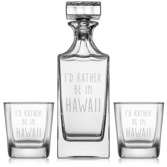 Whiskey Decanter Gift Set With 2 Whiskey Old Fashioned Rocks Glasses I'd Rather Be In Hawaii
