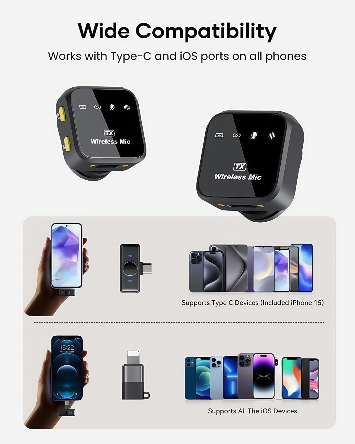 Wireless Clip-On Mic with Case - HDNoise Cancellation, 164ft Transmission, 80h Battery Life for iPhone Ipad Android, Mini Lapel Mic for Record Video Podcast Vlog Content Creator Interview