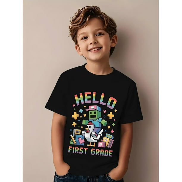 Boys' Retro Pixel art T-Shirt - Hello 1st Grade Zombie Chick Design - Black Breathable Back-to-School Tee, Casual Gamer & Nostalgic enthusiast Soft Top, Game-Themed Graphic Shirt, Comfort Fit