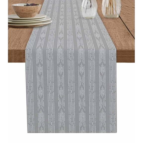 Grey Boho Burlap Cotton Table Runner 13x60 Inches Long, Bohemian Geometric Stripes Tribe Farmhouse Farmhouse Table Runners, Outdoor Dining Tablecloths Decor for Baby Shower/Party/Wedding