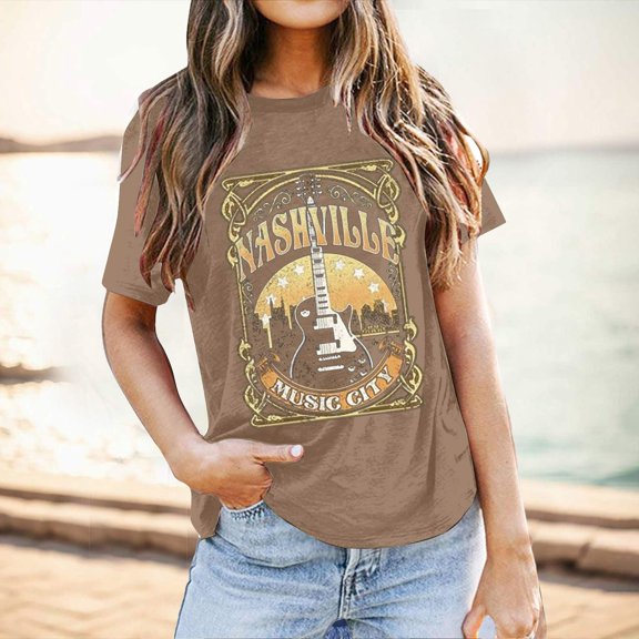 Graphic Tees for Women Casual Printed Round Neck Short Sleeve T Shirt for Women – Comfortable Daily Wear Breathable Blend Top Easy Care Versatile Everyday Tee Brown XL