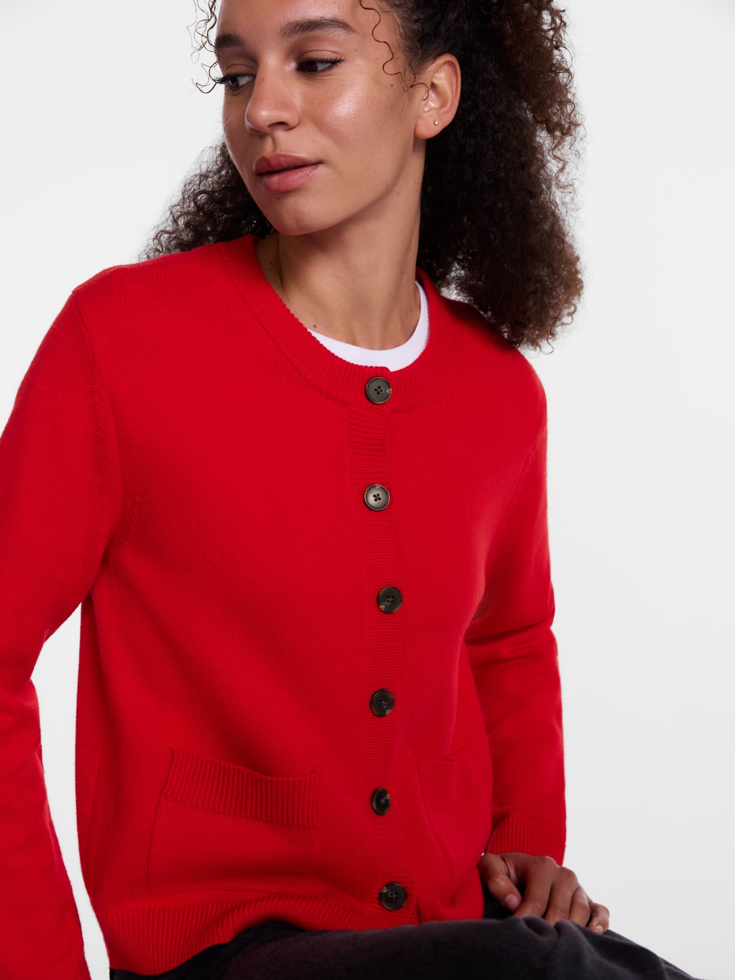 Scenario Women's Crewneck Cardigan with Patch Pockets, Lightweight, Sizes XS-XXXL